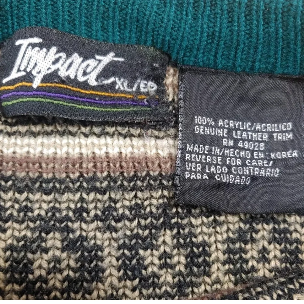Vtg Impact Sweater Men XL Leather Patches Geometric Eclectic Grampa Ski Crewneck